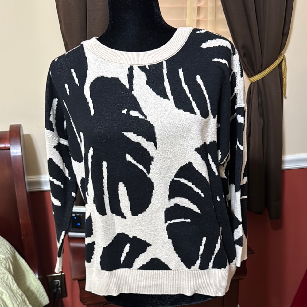 Tribal Black and Cream Crew Neck Sweater with Bold Leaf Design